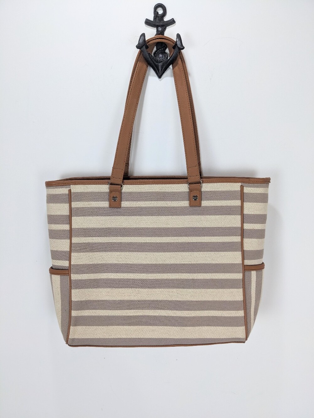 Thirty-One Striped Laptop Bag Tote Brown Tan Striped Cindy Tote